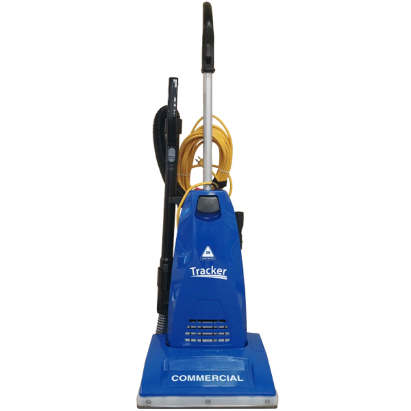 Dustbane Tracker 1 gallon upright vacuum front view with HEPA bag