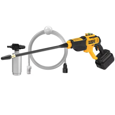 Accessories included with DEWALT DCPW550P1 pressure washer kit – hose, battery, charger
