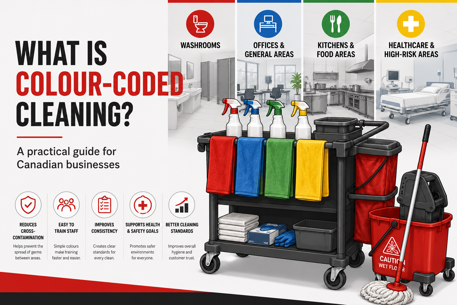 Colour-coded commercial cleaning system with red, blue, green, and yellow microfiber cloths, spray bottles, and janitorial cart for preventing cross-contamination in commercial facilities.