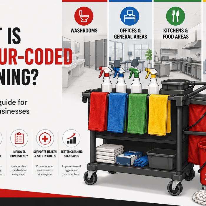 Colour-coded commercial cleaning system with red, blue, green, and yellow microfiber cloths, spray bottles, and janitorial cart for preventing cross-contamination in commercial facilities.