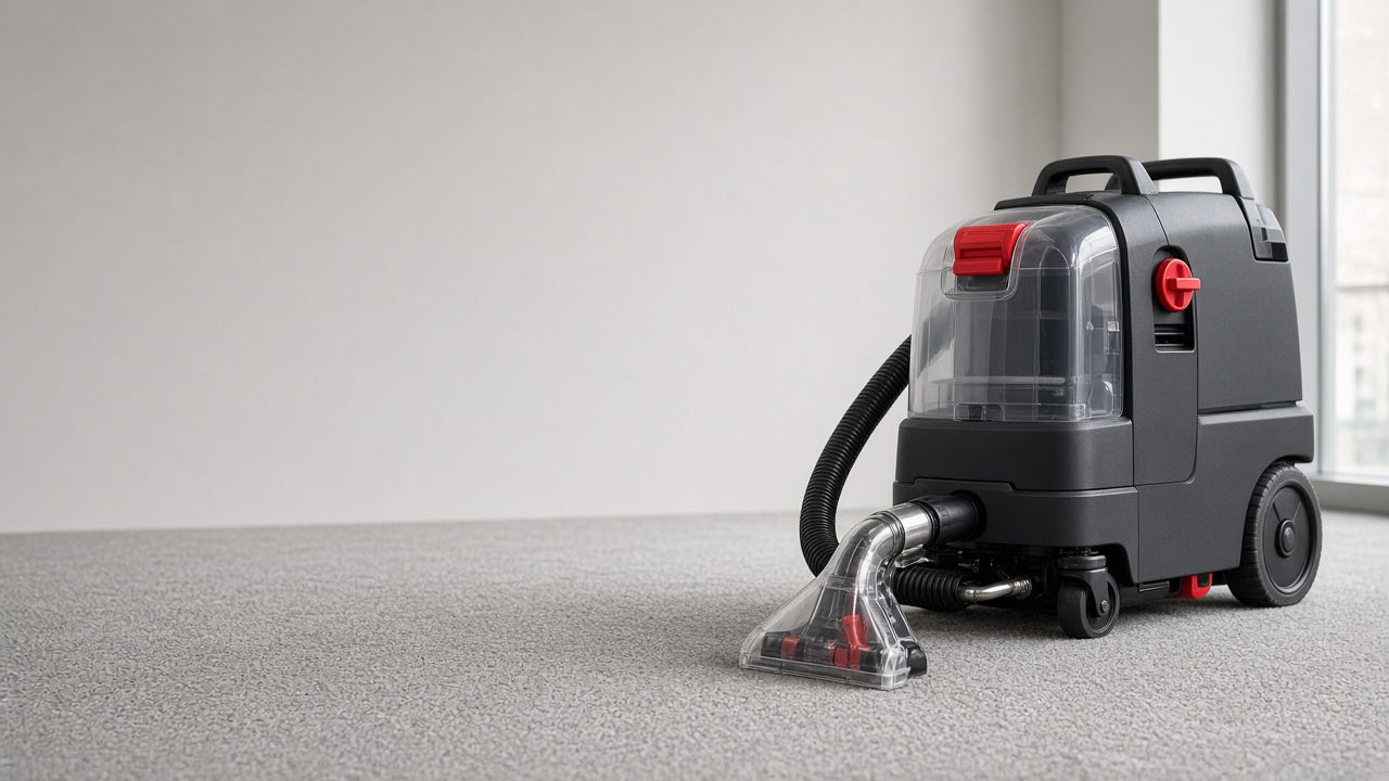Commercial carpet extractor on facility carpet in a clean building