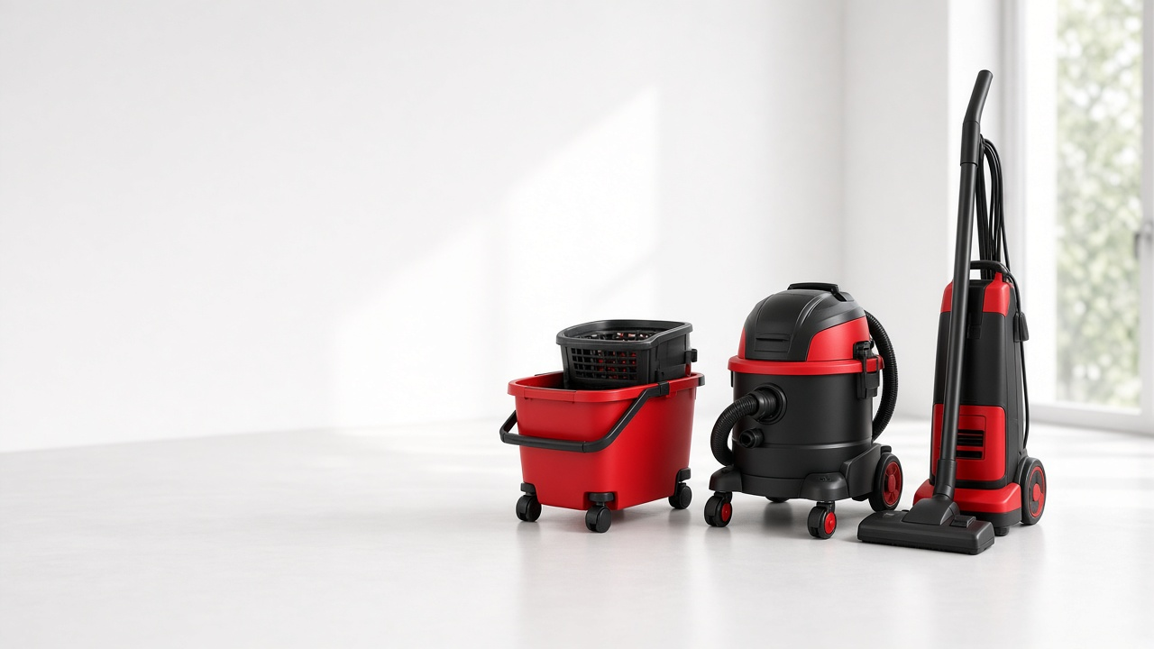 Commercial starter kit for Canadian cleaning businesses—mop bucket, wet dry vacuum, and upright vacuum in red and charcoal