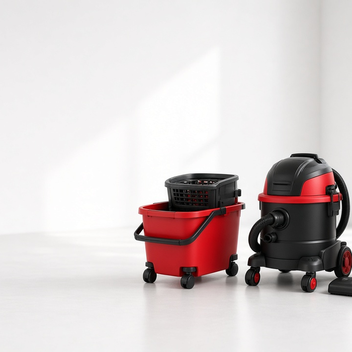 Commercial starter kit for Canadian cleaning businesses—mop bucket, wet dry vacuum, and upright vacuum in red and charcoal