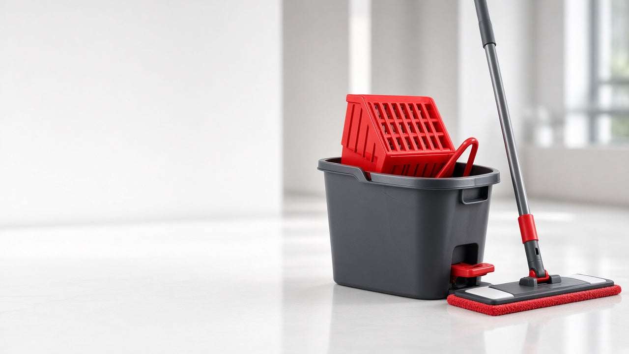 Commercial flat mop and mop bucket with wringer in a clean facility