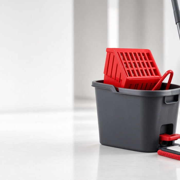 Commercial flat mop and mop bucket with wringer in a clean facility