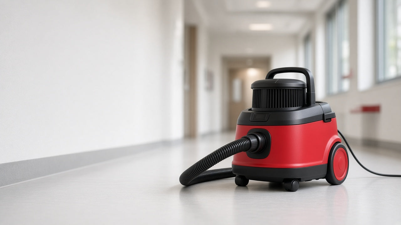 Commercial HEPA vacuum cleaner in a clean Canadian facility hallway