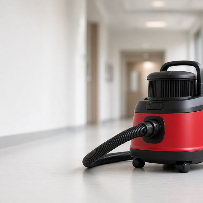 Commercial HEPA vacuum cleaner in a clean Canadian facility hallway