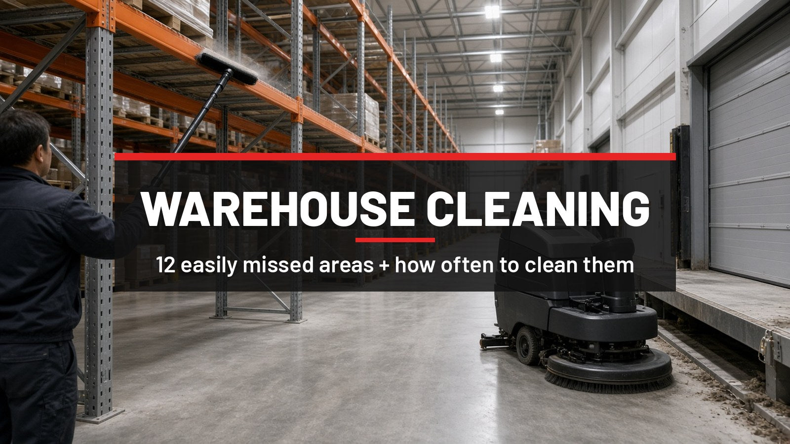 Custodian dusting high pallet racking while a floor scrubber works near the loading dock: warehouse cleaning, 12 easily missed areas