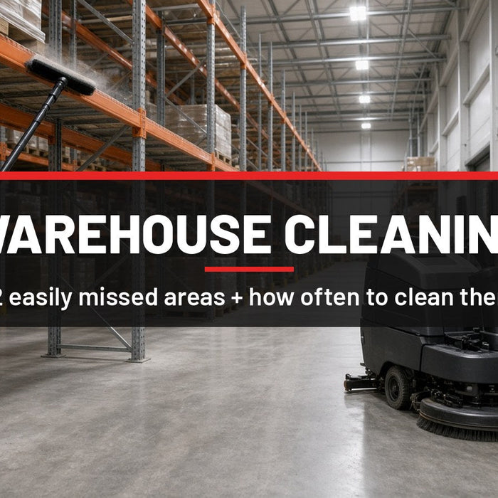 Custodian dusting high pallet racking while a floor scrubber works near the loading dock: warehouse cleaning, 12 easily missed areas