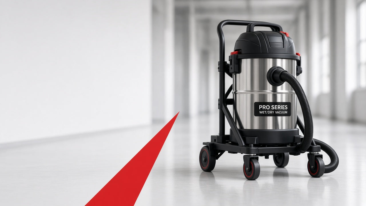 Professional commercial wet dry vacuum on a cart in a clean facility