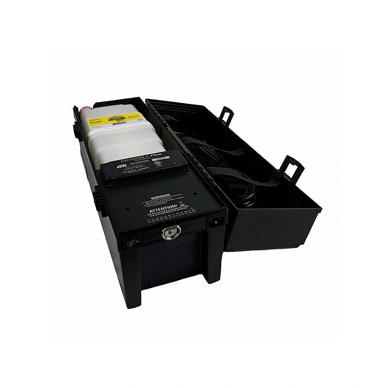 Atrix VACOMEGAH with lid open, showing the filter cartridge and accessory-storage area