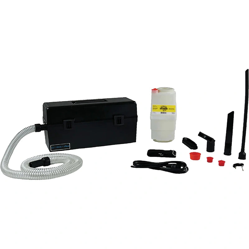 Atrix VACOMEGAH Omega HEPA vacuum with clear hose, filter cartridge, cord and accessories arranged beside it
