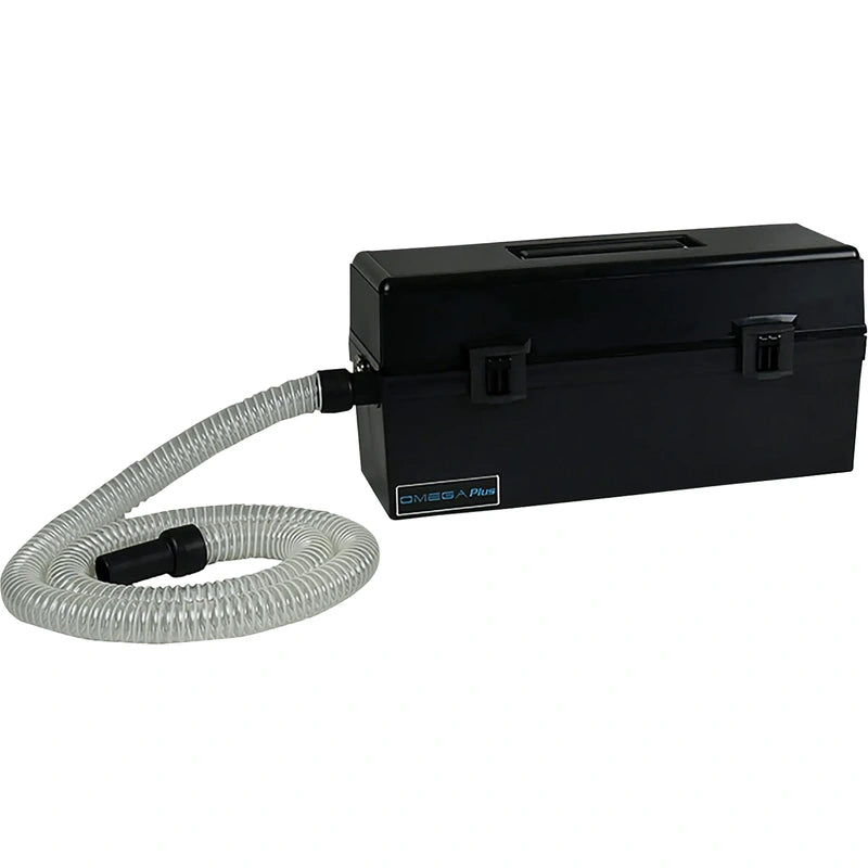 Atrix VACOMEGAH black toolbox-style vacuum with a clear coiled hose