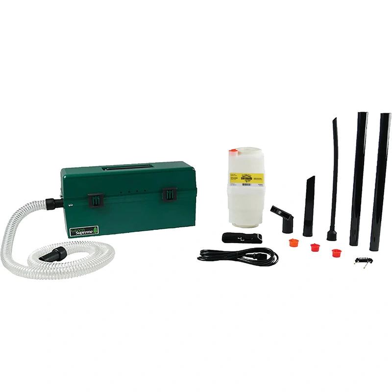 Atrix VACOMEGASIPM Omega HEPA vacuum with clear hose, filter cartridge, cord and accessories arranged beside it