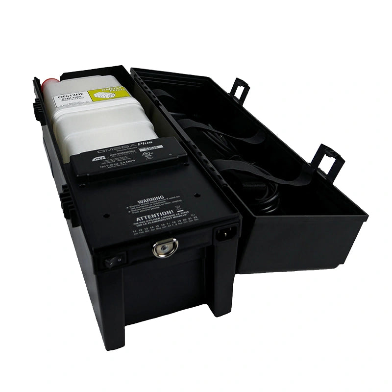 Atrix VACOMEGASLFH with lid open showing the filter cartridge and accessory storage