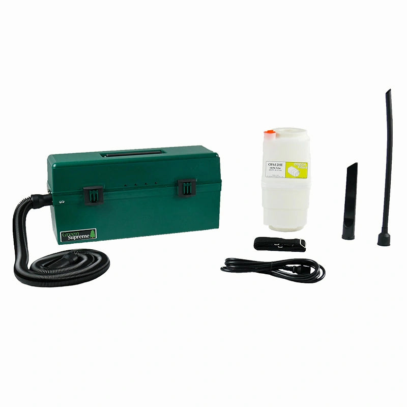 Atrix VACOSMRI vacuum alongside filter cartridge, power cord, strap, crevice tool and flexible gooseneck