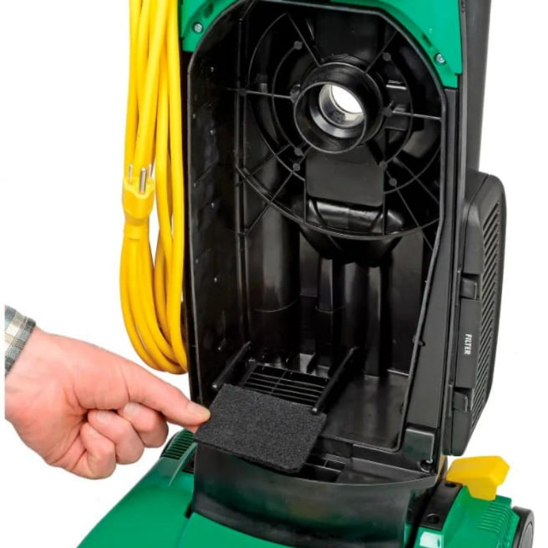 Disposable bag compartment open on Bissell BigGreen PowerForce vacuum