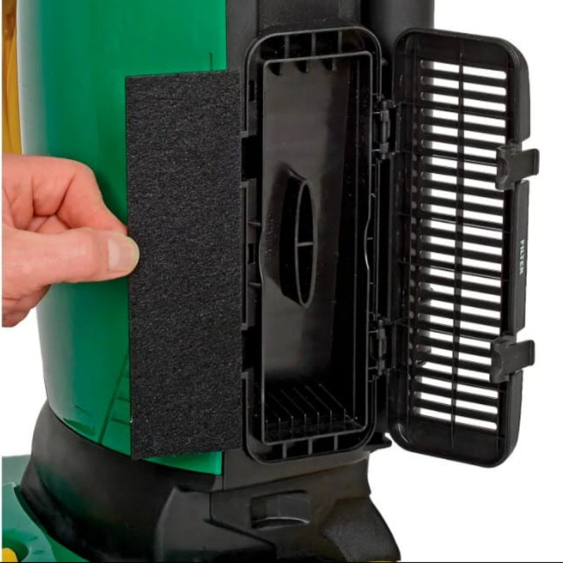 Three stage filtration system on Bissell BigGreen PowerForce upright vacuum