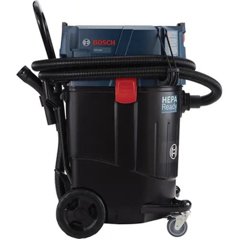 Rear view of the Bosch VAC140AH commercial HEPA dust extractor showing hose storage and wheels