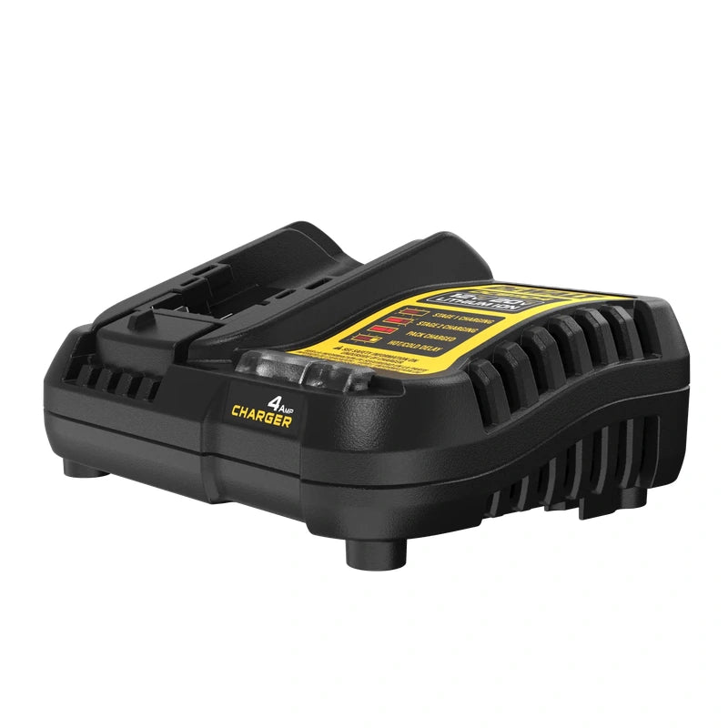 DEWALT DCB1104 4A battery charger, front angle view showing the empty battery slot and charging indicators