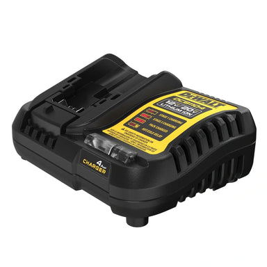 DEWALT DCB1104 4A battery charger, top angle view showing the empty battery slot and charging indicators