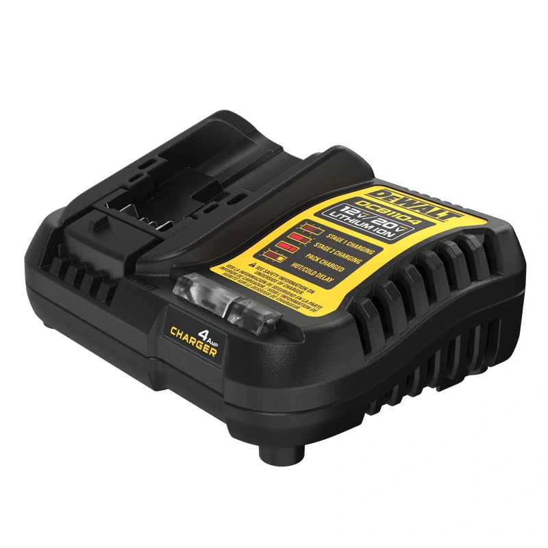 DEWALT DCB1104 4A battery charger, top angle view showing the empty battery slot and charging indicators