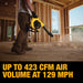 DEWALT DCBL770X1 blower in use with 423 CFM and 129 MPH performance