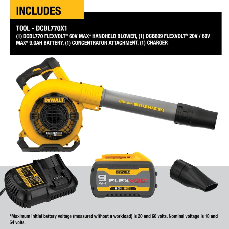 DEWALT DCBL770X1 FLEXVOLT blower kit with 9.0 Ah battery, charger and concentrator