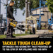 DEWALT DCBL777B clearing outdoor debris with battery sold separately notice