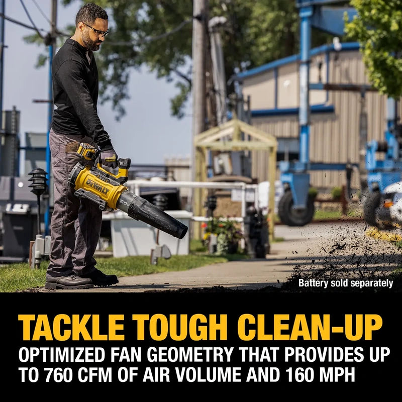 DEWALT DCBL777B clearing outdoor debris with battery sold separately notice