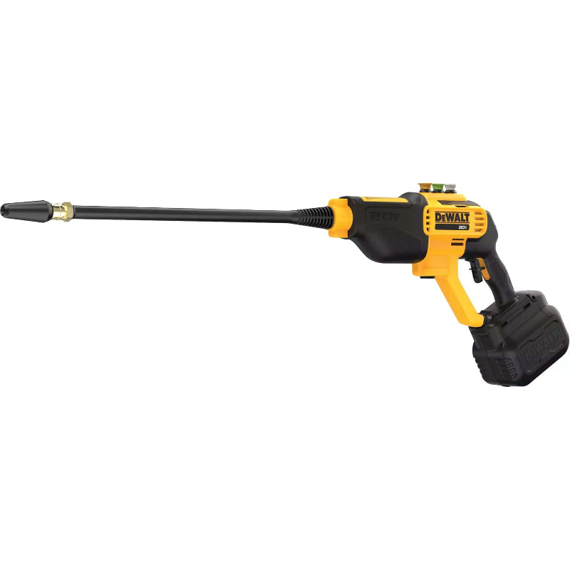 Side view of DEWALT 20V MAX cordless pressure washer kit with hose and gun