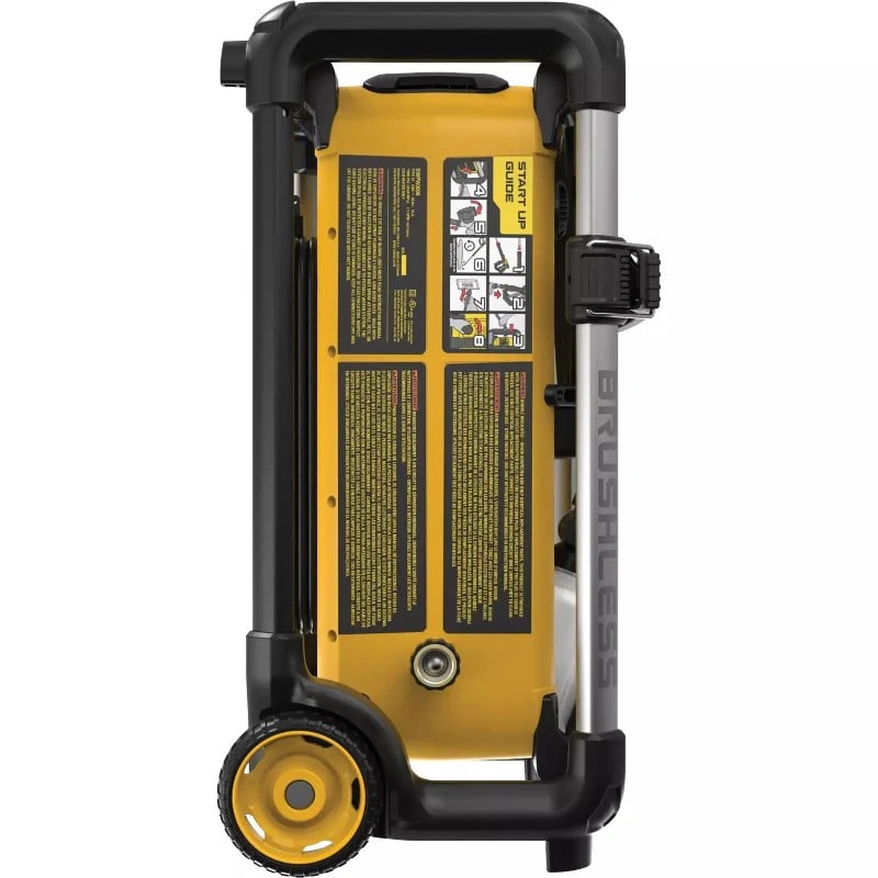 Rear view of DEWALT 15 Amp electric pressure washer showing onboard hose and accessory storage
