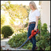 Operator carrying Einhell 3433543 cordless leaf blower beside garden walkway
