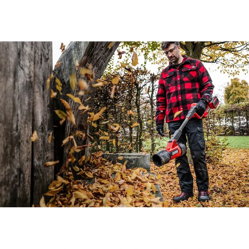 Einhell GP-LB 36/270 cordless leaf blower clearing leaves outdoors