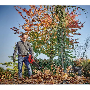 Operator using Einhell 3433617 cordless leaf blower to clear autumn leaves