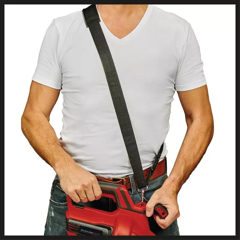 Einhell 3433647 operator wearing the shoulder strap