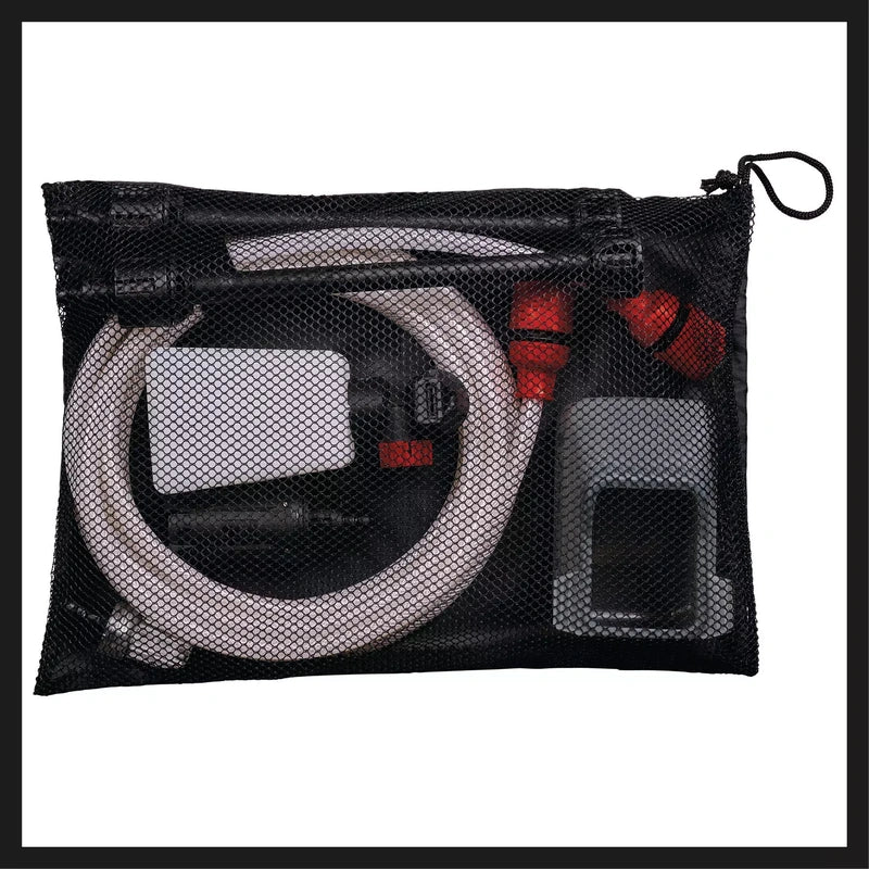 Mesh storage bag holding the Einhell pressure washer accessories