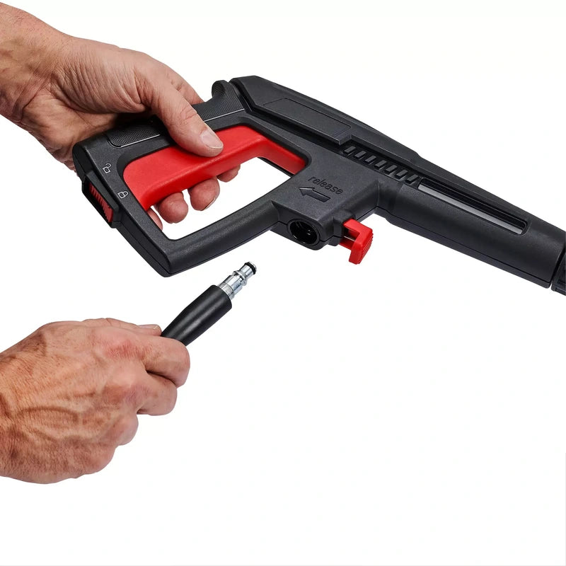 Hands connecting the high-pressure hose to the Einhell HYPRESSO 36/105 spray gun