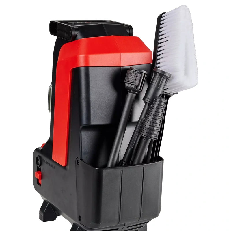 Rear accessory storage on Einhell HYPRESSO 36/105 showing brush and lances