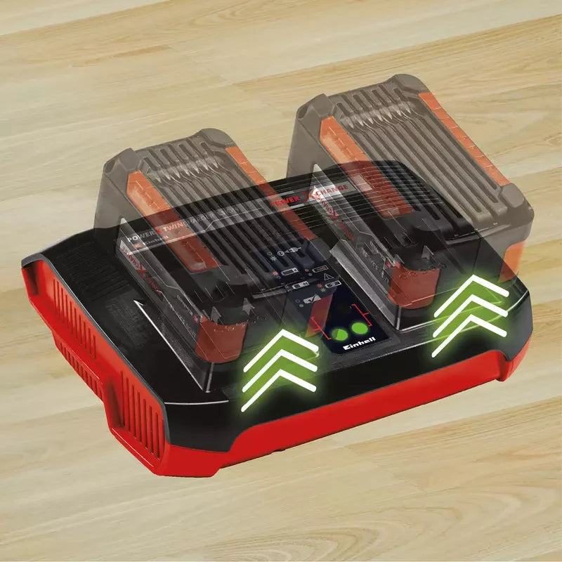 Two Power X-Change batteries charging in parallel on the Einhell dual-port charger