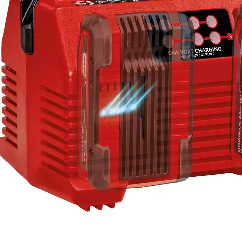 Einhell four-port charger ventilation and battery status panel detail