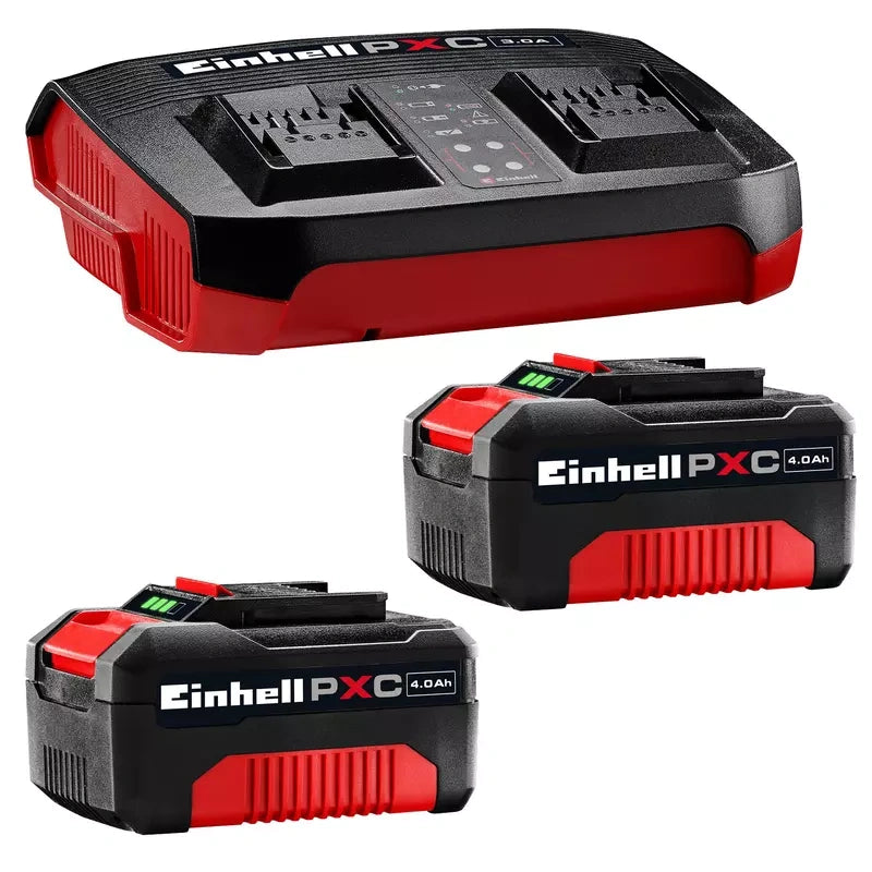 Two Einhell 4.0 Ah batteries with included dual-port charger