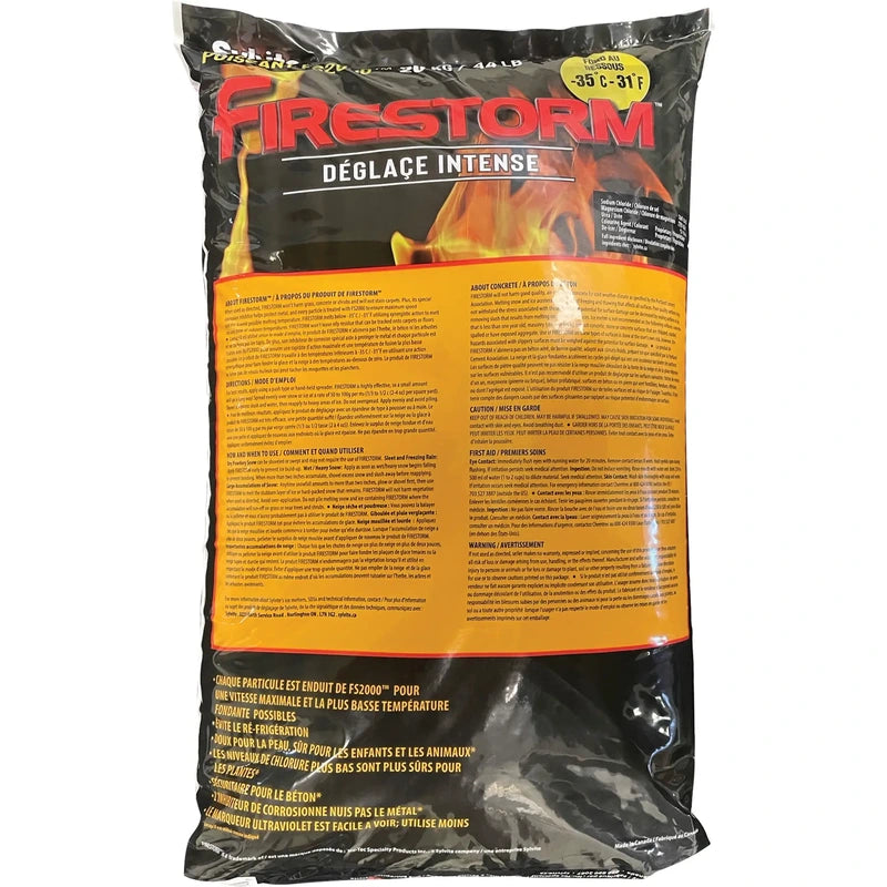 Firestorm 20 kg single bag rear label with French branding and directions; sold in a pack of ten