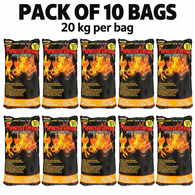 Illustration of ten Firestorm 20 kg bags in two rows of five, labelled Pack of 10 Bags