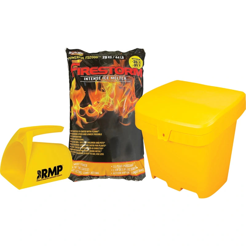 Firestorm ice melter kit illustration with a 20 kg bag, yellow storage bin and scoop; kit includes 56 bags