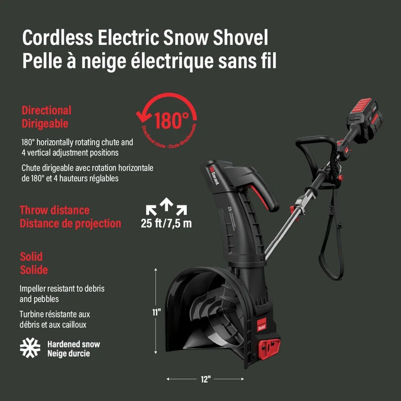 Garant 85805 snow shovel diagram showing 180-degree chute and snow throw direction