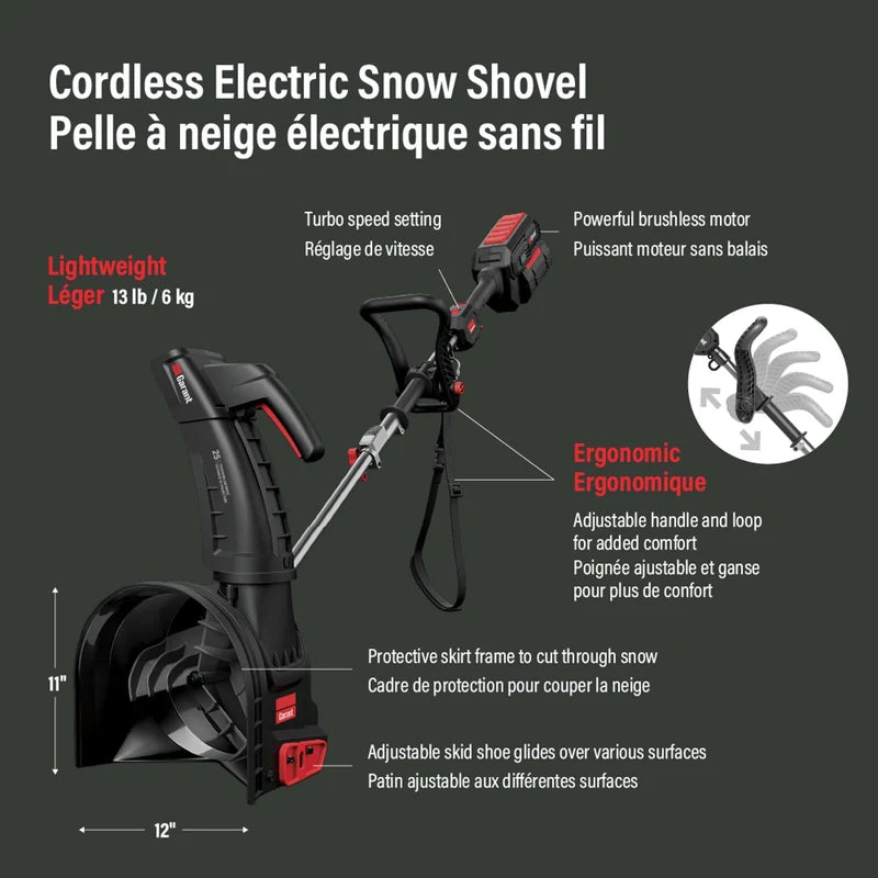 Garant 85805 snow shovel diagram showing adjustable handle and skid shoe features