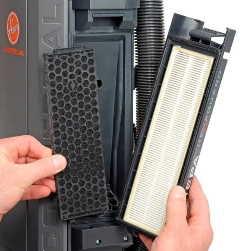 Sealed HEPA filtration system on Hoover HushTone 13 vacuum