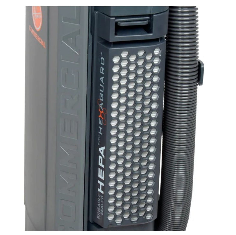 Sealed HEPA filtration system on Hoover HushTone 15 vacuum close up