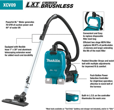 Accessories included with Makita cordless backpack vacuum